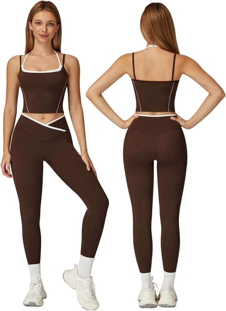 ABOCIW Workout Sets for Women 2 Piece Color Block Strappy Sports Bra High Waist Leggings Gym Yoga... | Amazon (US)