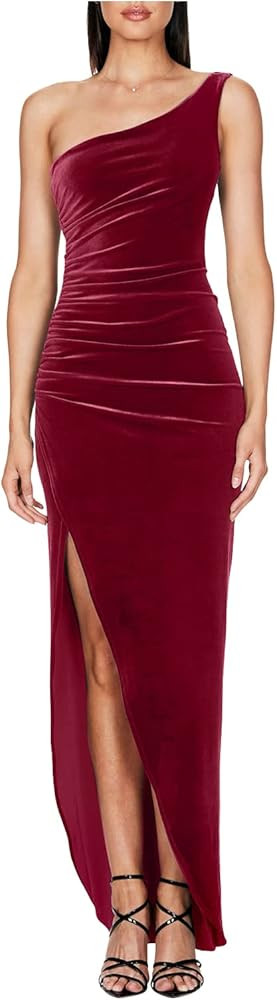 L'VOW Women's Elegant Ruched Velvet Gown One Shoulder High Side Split Bodycon Backless Maxi Evening  | Amazon (US)