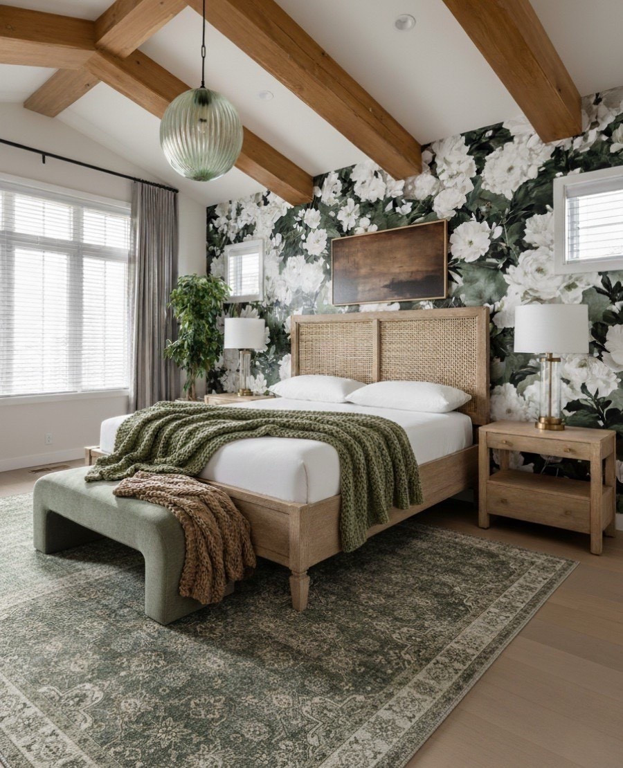 A cozy, nature inspired bedroom with a rich blend of texture, pattern, and soft earthy tones. The floral wallpaper sets the mood with deep green leaves and creamy white blooms, creating a bold backdrop that still feels calming. The light oak bed frame with its woven rattan headboard adds warmth and organic texture, paired with crisp white bedding that keeps the room feeling fresh and airy.

At the foot of the bed, the sage green upholstered bench introduces a soft muted color that ties into the tones of the rug and wallpaper. Layered over the bed, the chunky knit throw in olive green and a second knit throw in warm camel add depth and a cozy lived in touch.

The area rug anchors the space with its muted green palette and vintage inspired pattern, adding both softness and character. On each side of the bed, the light oak nightstands complement the frame while the white drum lamps with brass bases bring in a clean but elegant contrast.

Overhead, the ribbed glass pendant in soft green picks up the natural palette and adds an artistic glow, harmonizing with the wood beams and greenery in the corner.

Shop the look:
Floral green and white wallpaper | Light oak rattan bed frame | White bedding | Sage green bench | Olive knit throw | Camel knit throw | Green vintage rug | Light oak nightstands | White and brass table lamps | Ribbed green glass pendant | Indoor tree 

#LTKSaleAlert #LTKHome