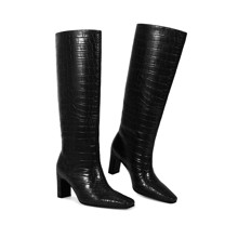 ISNOM Knee High Boots For Women Chunky Heel Square Toe Long Boots Tall Boots Crocodile Boots | SHEIN