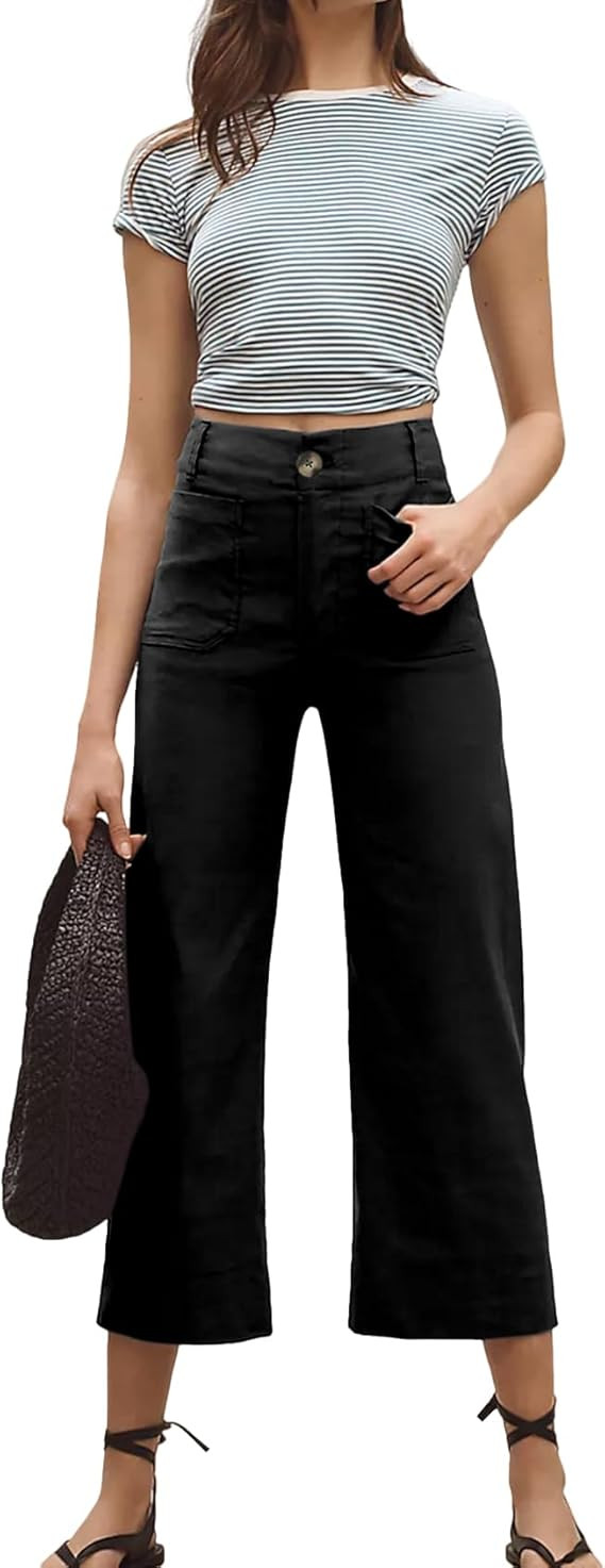 Womens Linen Pants Cropped Wide-Leg Pants Casual High Waist Baggy Pants Stretchy Straight Trouser... | Amazon (US)
