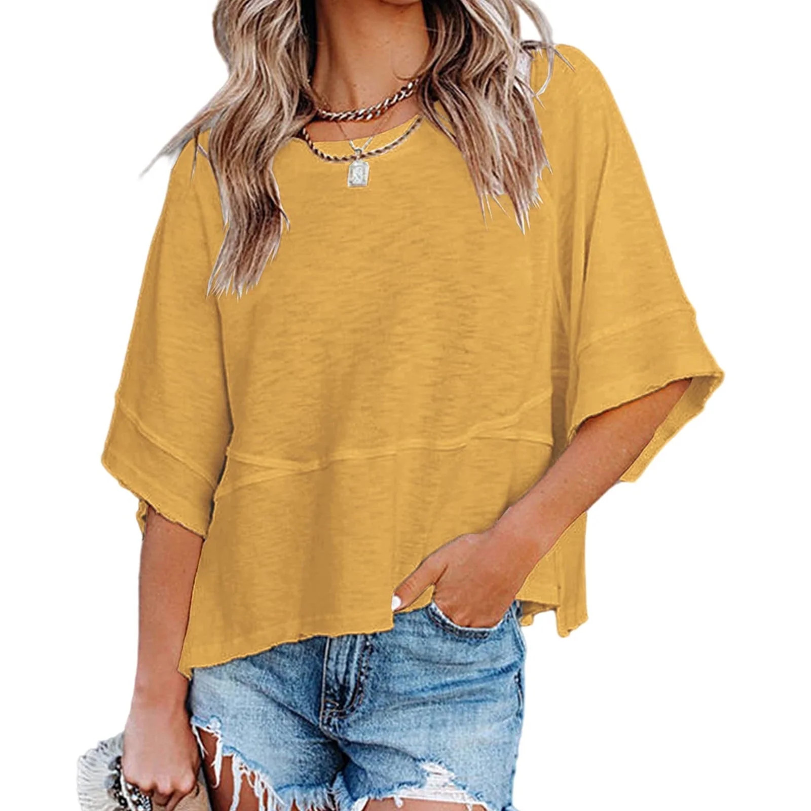 Summer Oversize Women Solid Color Half Sleeve Loose Shirt Tee Casual Tops | Walmart (US)