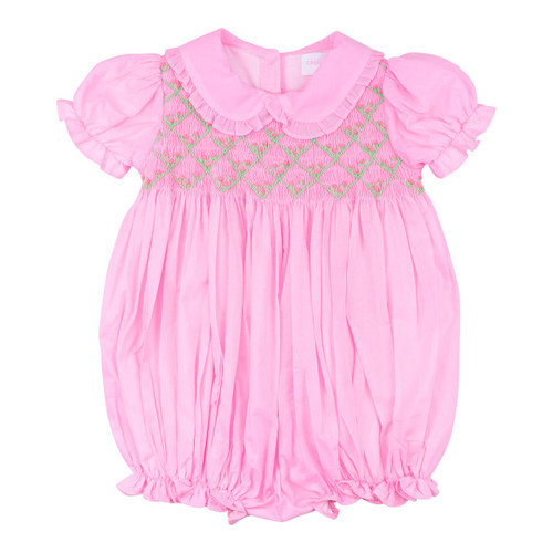Pink And Green Smocked Rosette Bubble | Cecil and Lou