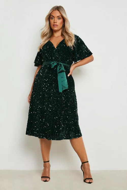 Plus Velvet Sequin Tie Belt Skater Dress | Boohoo.com (UK & IE)