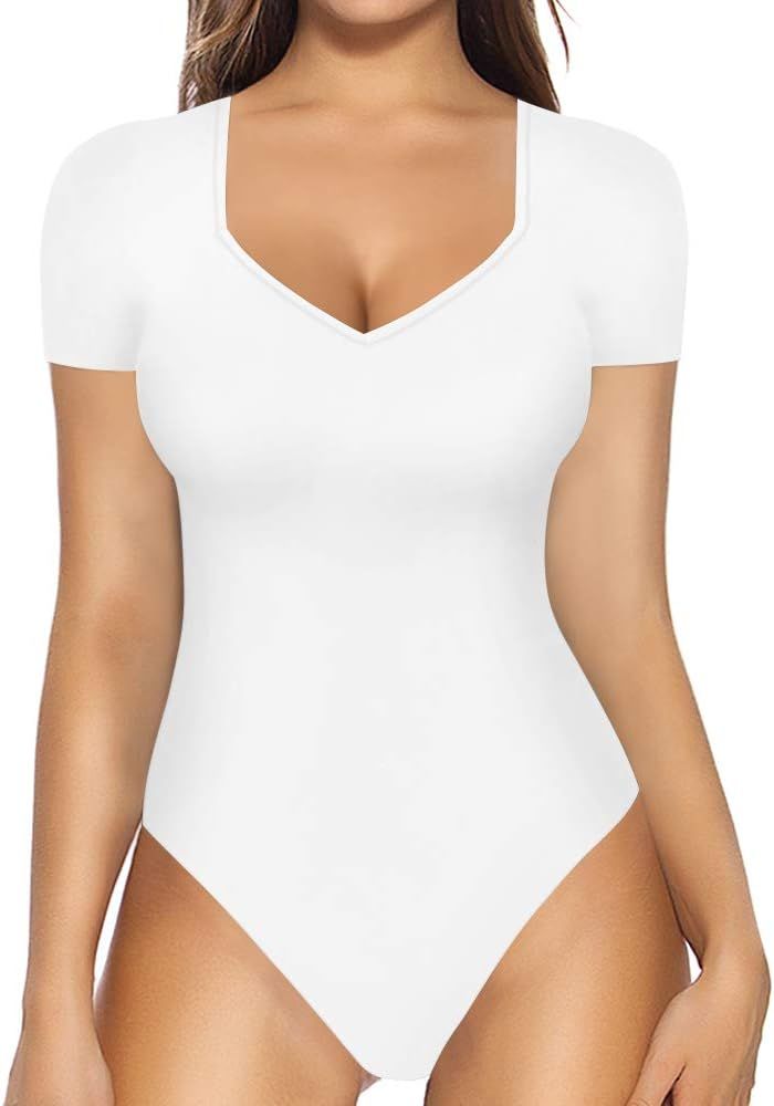 MANGOPOP Women's Sweetheart Square V Neck Short Sleeve Long Sleeve T shirts Tops Bodysuits | Amazon (US)