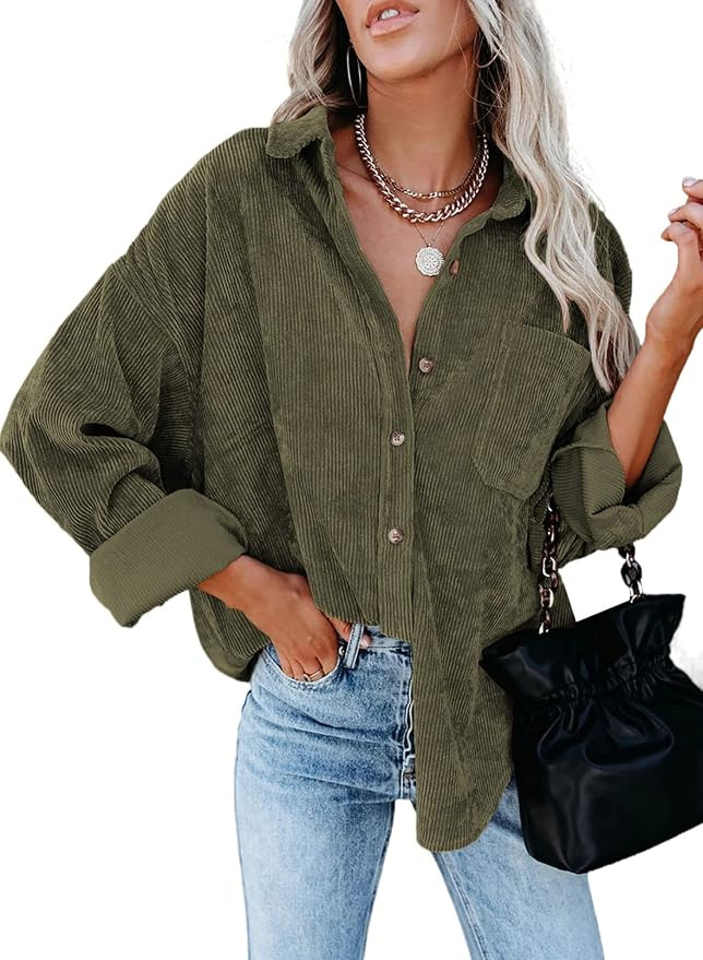 Dokotoo Womens Corduroy Button Down Shirts Boyfriend Long Sleeve Oversized Blouses Tops | Amazon (US)