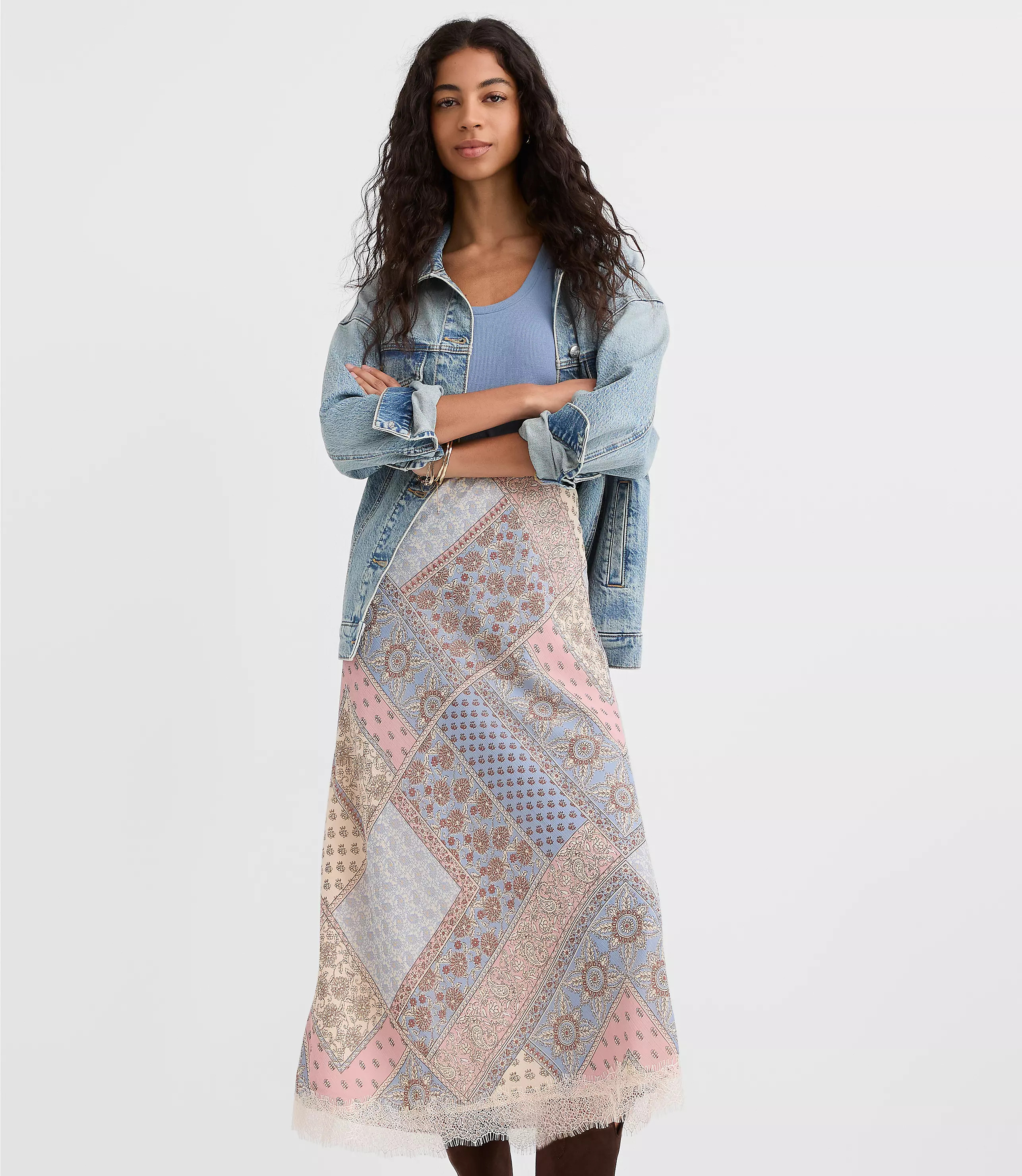 Patchwork Lace Trim Bias Midi Skirt | LOFT