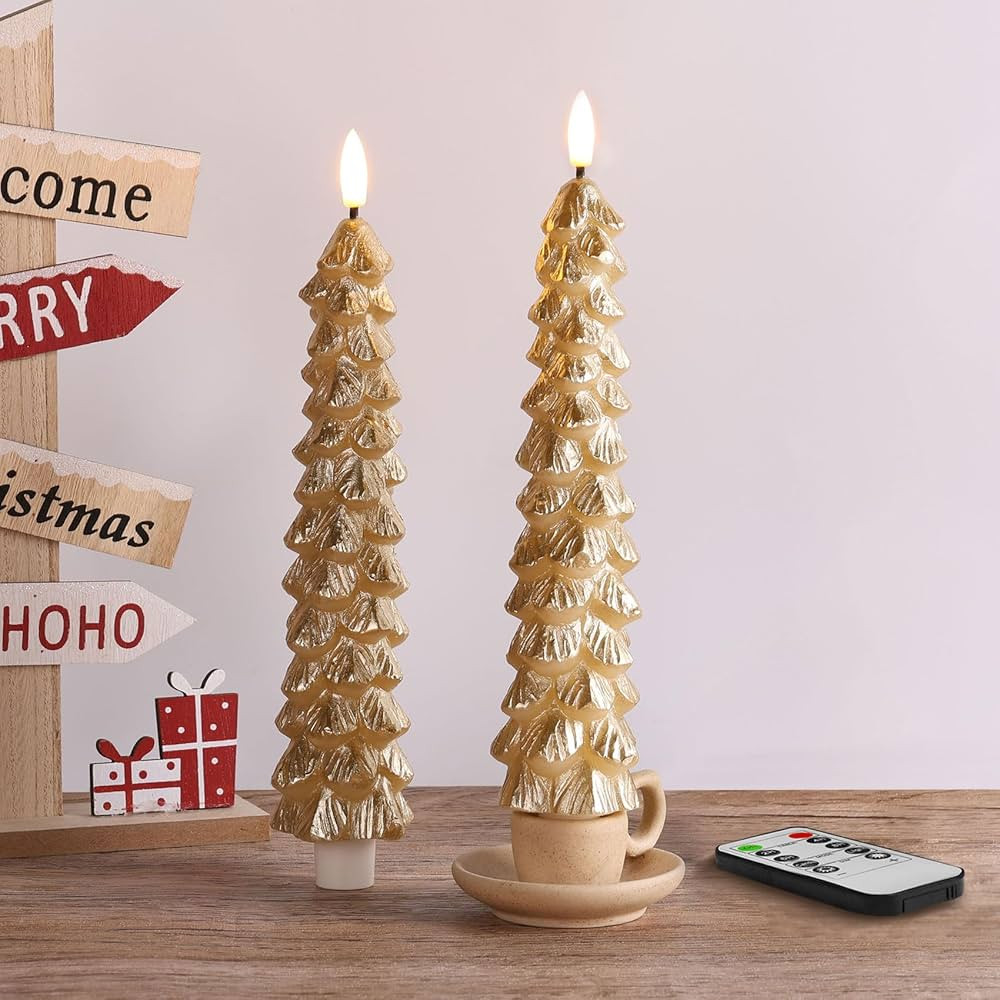 Eywamage Gold Christmas Tree Candles with Remote Set of 2, Real Wax Flickering Flameless LED Tape... | Amazon (US)
