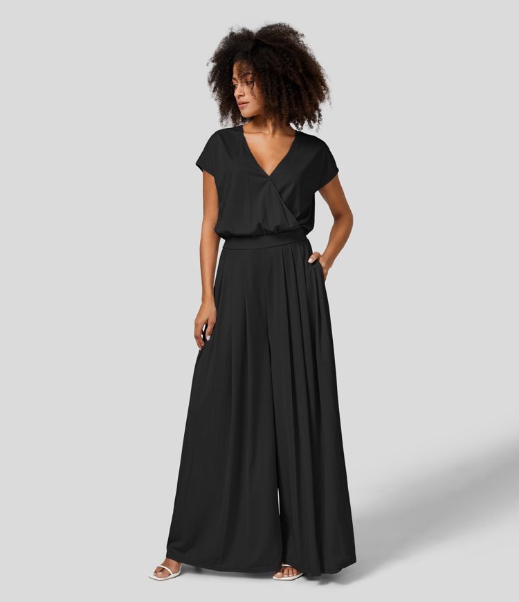 V Neck Short Sleeve Plicated Side Pocket Wide Leg Flowy Waffle Casual Jumpsuit | HALARA