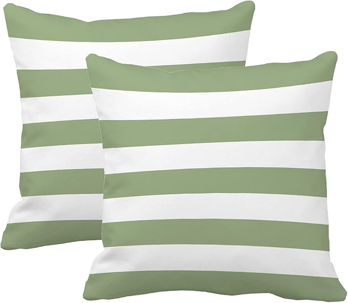 Sage Green and White Stripe Set of 2 20x20 Inch Cotton Polyester Square Throw Pillow Cover Decora... | Amazon (US)
