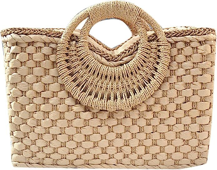 QZUnique Hand-woven Straw Bag Women Summer Beach Handbag Purse Retro Rattan Tote Clutch Travel Ba... | Amazon (US)