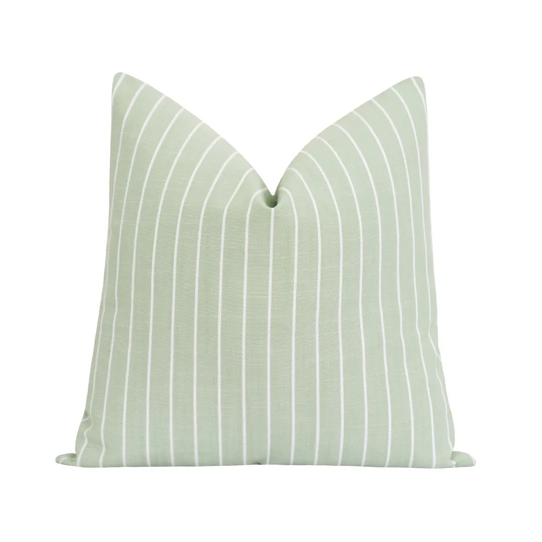 Green White Stripe Pillow Cover • Striped Woven Throw Pillow in Soft Green • Classic Stripe D... | Etsy (US)
