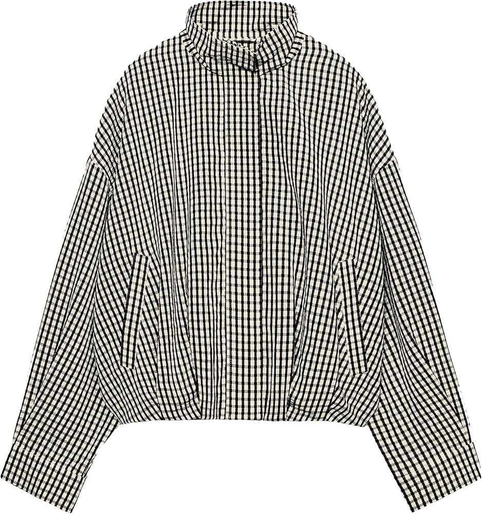 Women's Gingham Jacket Loose Zip Up Stand Collar Cropped Bomber | Amazon (US)