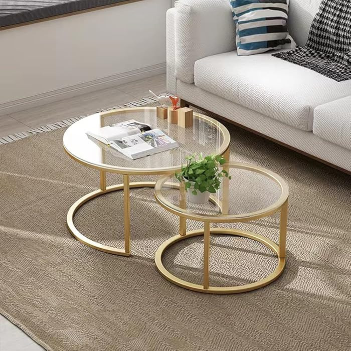 Gold Nesting Coffee Table Set of 2, Small Glass Nesting Tables for Living Room Bedroom, Accent Te... | Amazon (US)