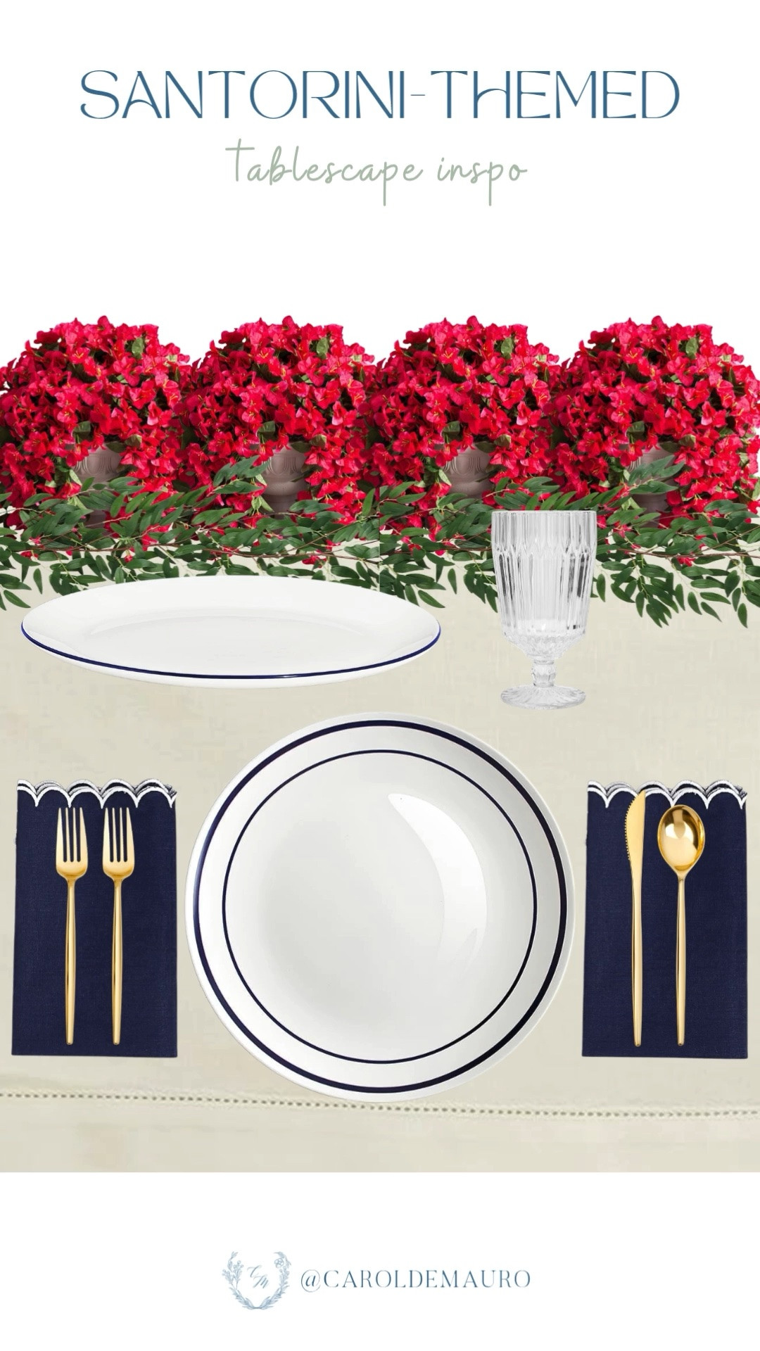 Planning a summer dinner party? This Santorini-themed tablescape is the ultimate hosting inspiration. You can bring the aesthetic to life using clean-lined gold cutlery layered over deep navy napkins, paired with a lush greenery and pops of bright Mediterranean pink.

party inspo, tablescape, table setting, food styling, flower arrangement, tableware, dining room decor, hostess life, diy

#LTKHome #LTKU #LTKSeasonal