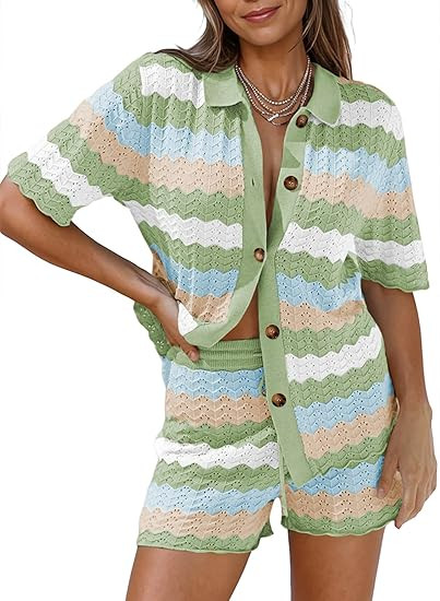 Pink Queen Women Knit Shorts Set 2 Piece Outfits Short Sleeve Button Down Sweater Top and Shorts ... | Amazon (US)