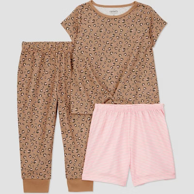 Carter's Just One You®️ Toddler Girls' 3pc Animal Printed Pajama Set - Pink/Brown 3T: , Polyester, Cheetah & Stripes | Target