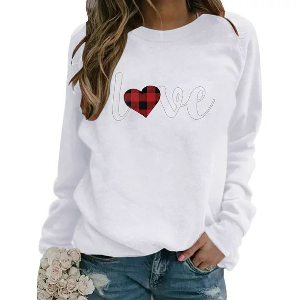 FeMereina Women’s Valentines Pullover Sweatshirt Heart or Letter Printing Round Neck Sweater | Walmart (US)