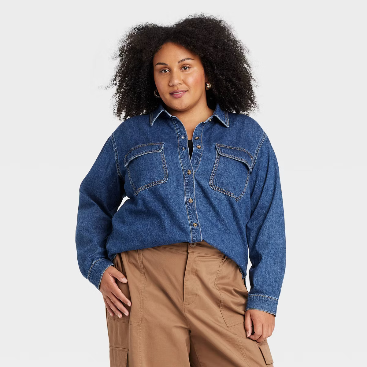 Women's Denim Long Sleeve Button-Down Shirt - Ava & Viv™ | Target