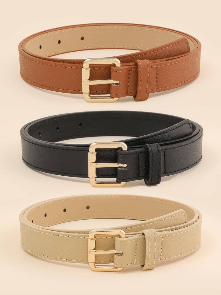 3pcs Women Black Khaki Rectangle Buckle Fashionable Belt For Daily Decoration | SHEIN