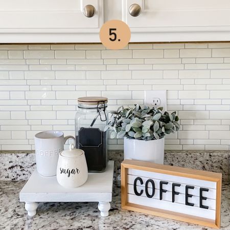 Coffee station kitchen counter styling
Coffee sign
Faux plant
Wooden riser
Coffee canister 
Sugar dish

#LTKunder50 #LTKhome