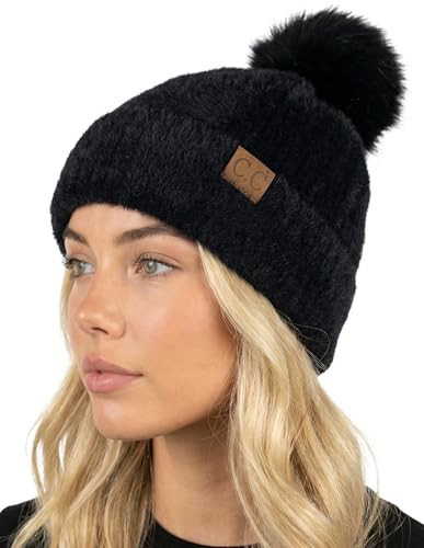 Funky Junque Fluffy Chenille Beanie Hat for Women with Faux Fur Pom Pom, Ultra Soft Winter Warm Ski Cap - Black | Amazon (US)