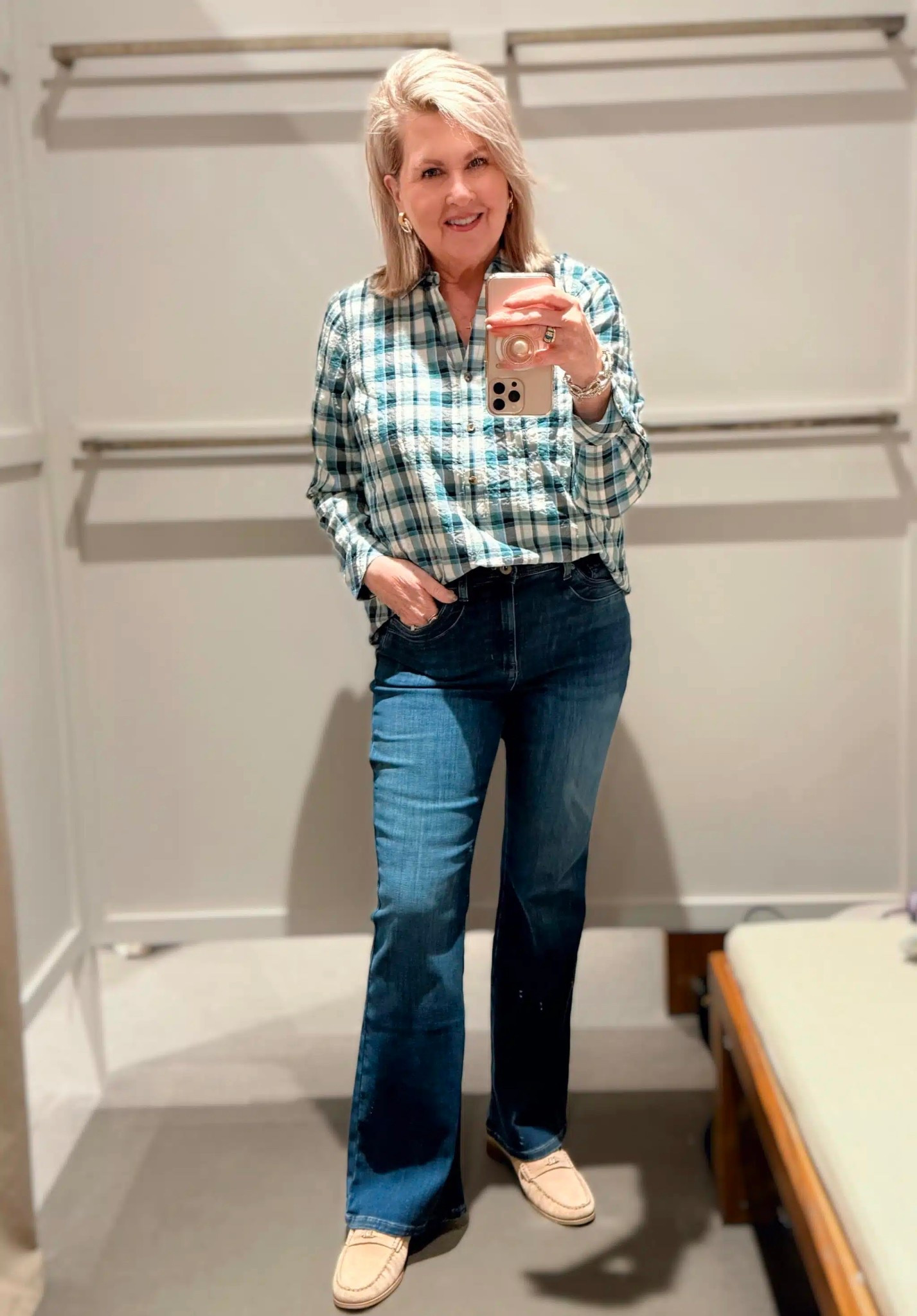 Casual everyday outfit idea from J Jill. My plaid popover top is a size medium and my jeans are a size 8. 

#LTKootd #LTKWorkwear #LTKOver40