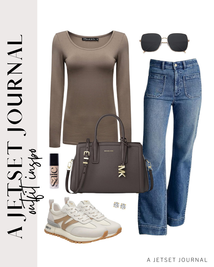 The next outfit pairs a coffee OThread & Co. long-sleeve scoop-neck tee with Astylish straight-leg jeans. It goes perfectly with somiliss walking shoes and a Michael Kors satchel bag. Wear a pair of SOJOS oversized sunglasses, too! 

 #LTKSeasonal #LTKSaleAlert #LTKTravel