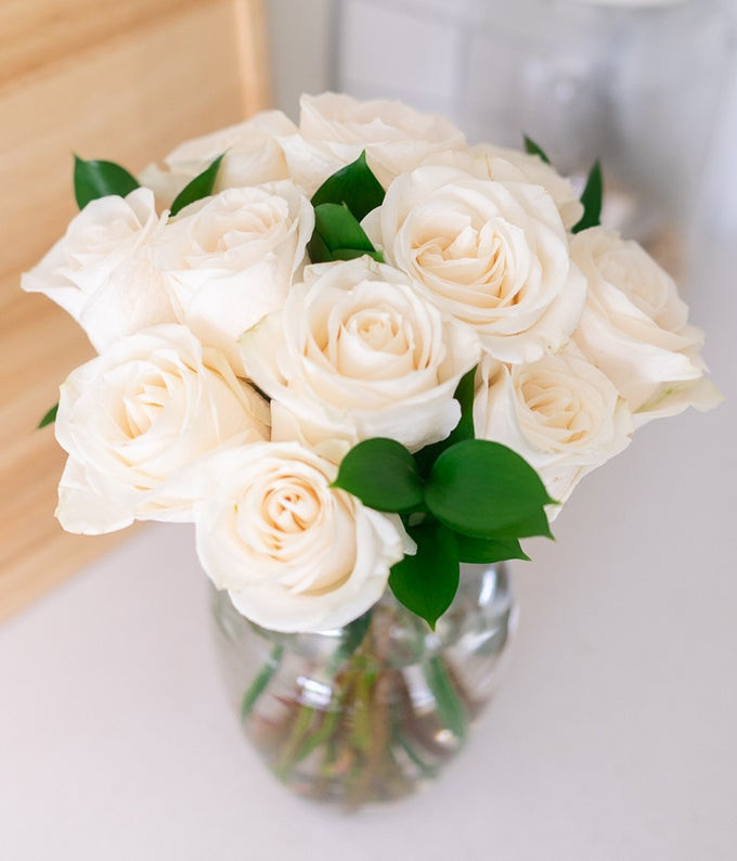 One Dozen White Roses in Clear Glass Vase | From You Flowers