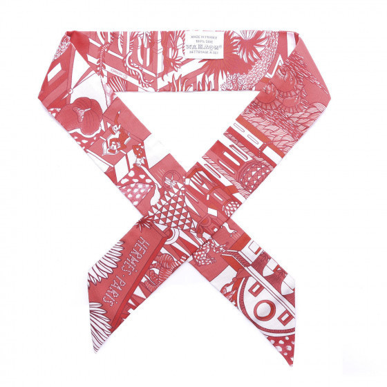 HERMES Silk Animapolis Twilly Rouge White | Fashionphile