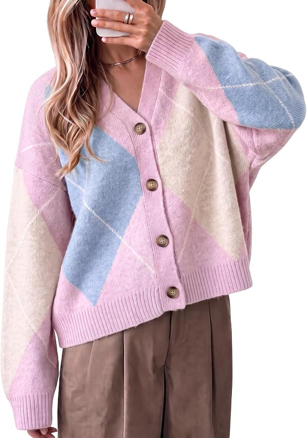 Cicy Bell Women Plaid Color Block Cardigan V Neck Long Sleeve Knit Sweater | Amazon (US)