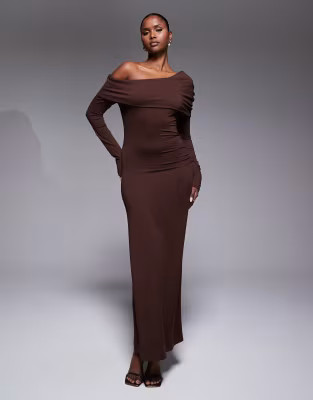 ASOS DESIGN off shoulder twist maxi dress in chocolate | ASOS (Global)