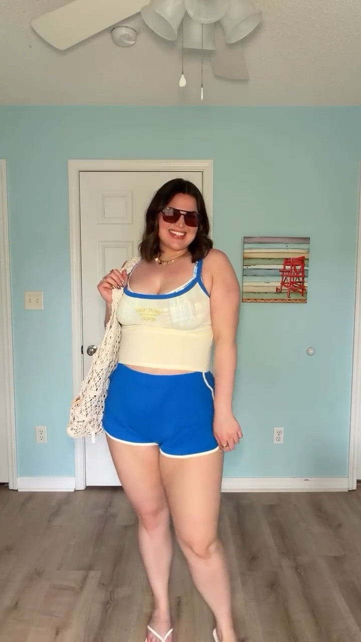 Midsize vacation outfit!

Swimsuit - top/bottoms : xl 
shorts + tank - large 
*beach bag from aerie last year

#LTKMidsize #LTKSwim #LTKSeasonal