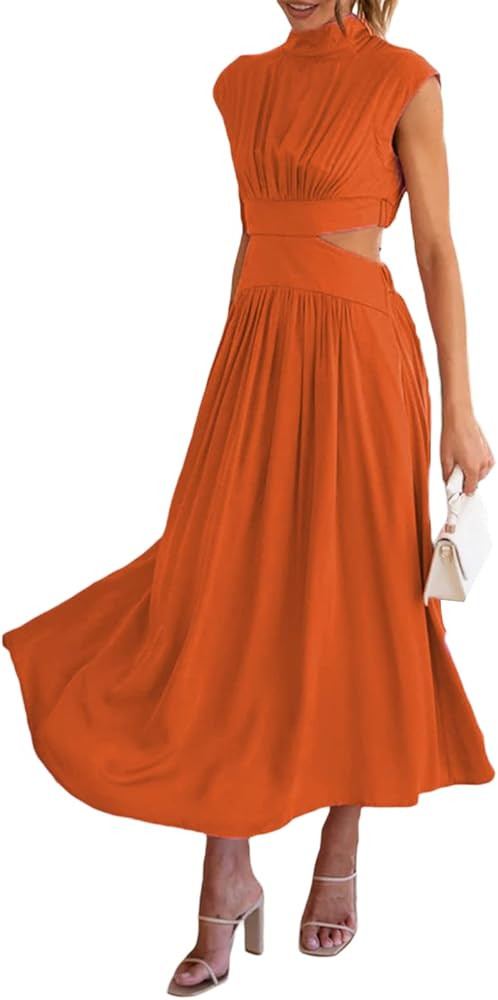 Women Sleeveless Cutout Pleated Maxi Dress Solid Color Summer Casual Dress Mock Neck Dresses A-Li... | Amazon (US)