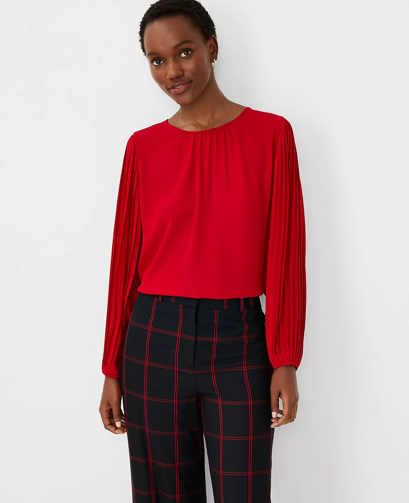 Petite Mixed Media Pleated Sleeve Top | Ann Taylor (US)