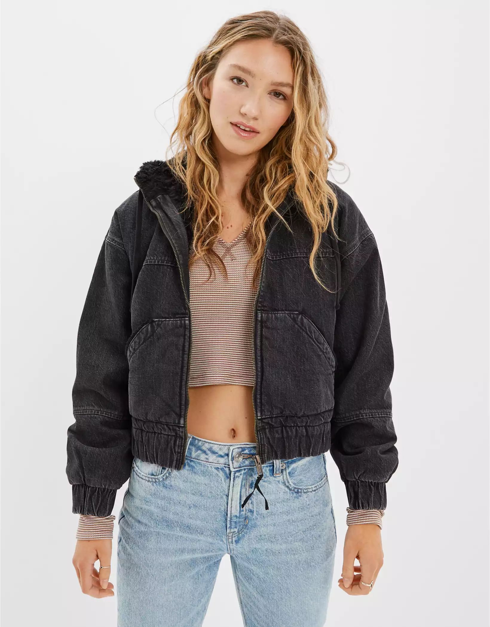 AE Denim Sherpa Bomber Jacket | American Eagle Outfitters (US & CA)