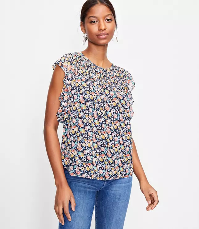 Floral Smocked Flutter Sleeve Shell | LOFT