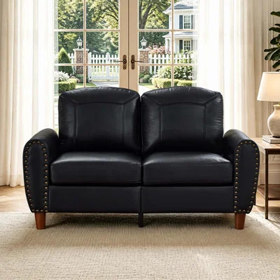 59" Classic Living Room Loveseat Faux Leather Couch, Rolled Arm Nailhead Sofa, Solid Wood Legs, Breathable Upholstered PU Leather, Black | Wayfair North America