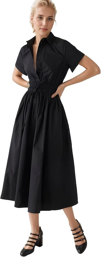 Ladyful Women Casual Button Down Short Sleeve Shirt Dress Tie Waist Midi Shirt Dress Elegant Busi... | Amazon (US)