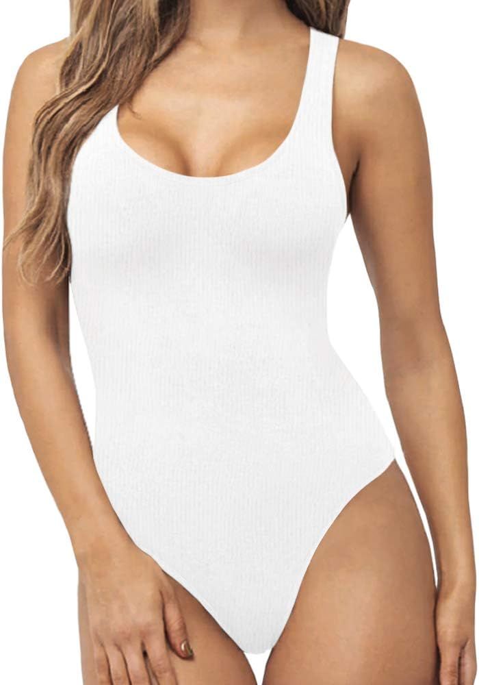 MANGOPOP Women's Scoop Neck Ribbed Racerback Tank Top Bodysuits | Amazon (US)