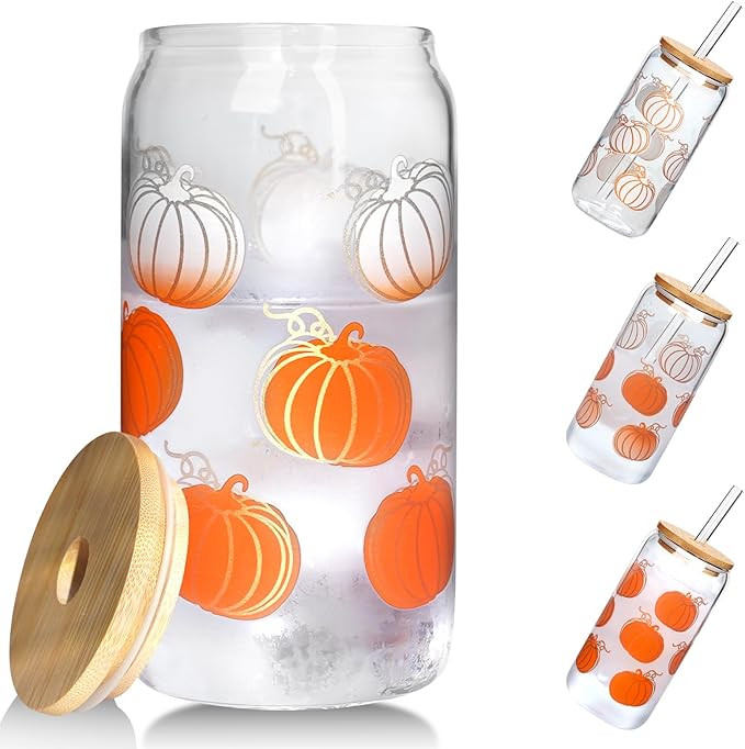 ANOTION Fall Glass Cups - Color Changing Cups with Lids and Straws Unique Autumn Decor & Iced Cof... | Amazon (US)