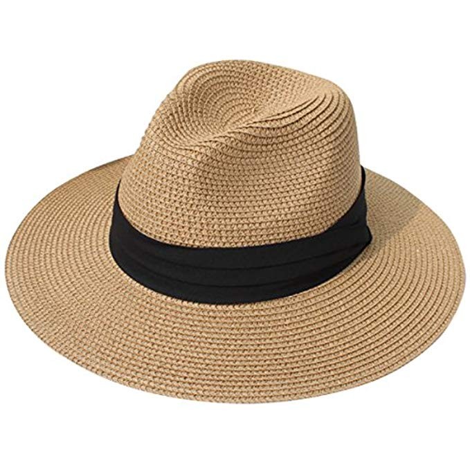 Lanzom Women Wide Brim Straw Panama Roll up Hat Fedora Beach Sun Hat UPF50+ | Amazon (US)