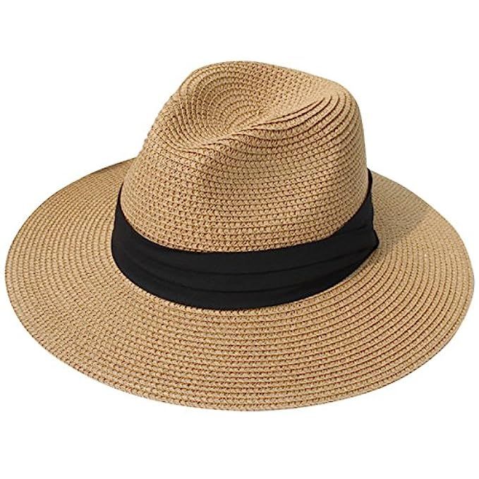 Lanzom Women Wide Brim Straw Panama Roll up Hat Fedora Beach Sun Hat UPF50+ | Amazon (US)