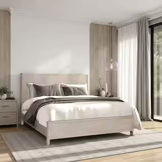 Benjara Reham Light White Wash Oak Brown Wood Frame Queen Size Panel Bed with Rounded Edges BM333... | The Home Depot