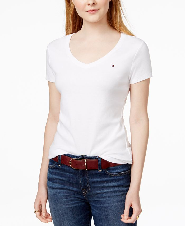 Tommy Hilfiger Women's V-Neck T-Shirt, Created for Macy's & Reviews - Tops - Women - Macy's | Macys (US)