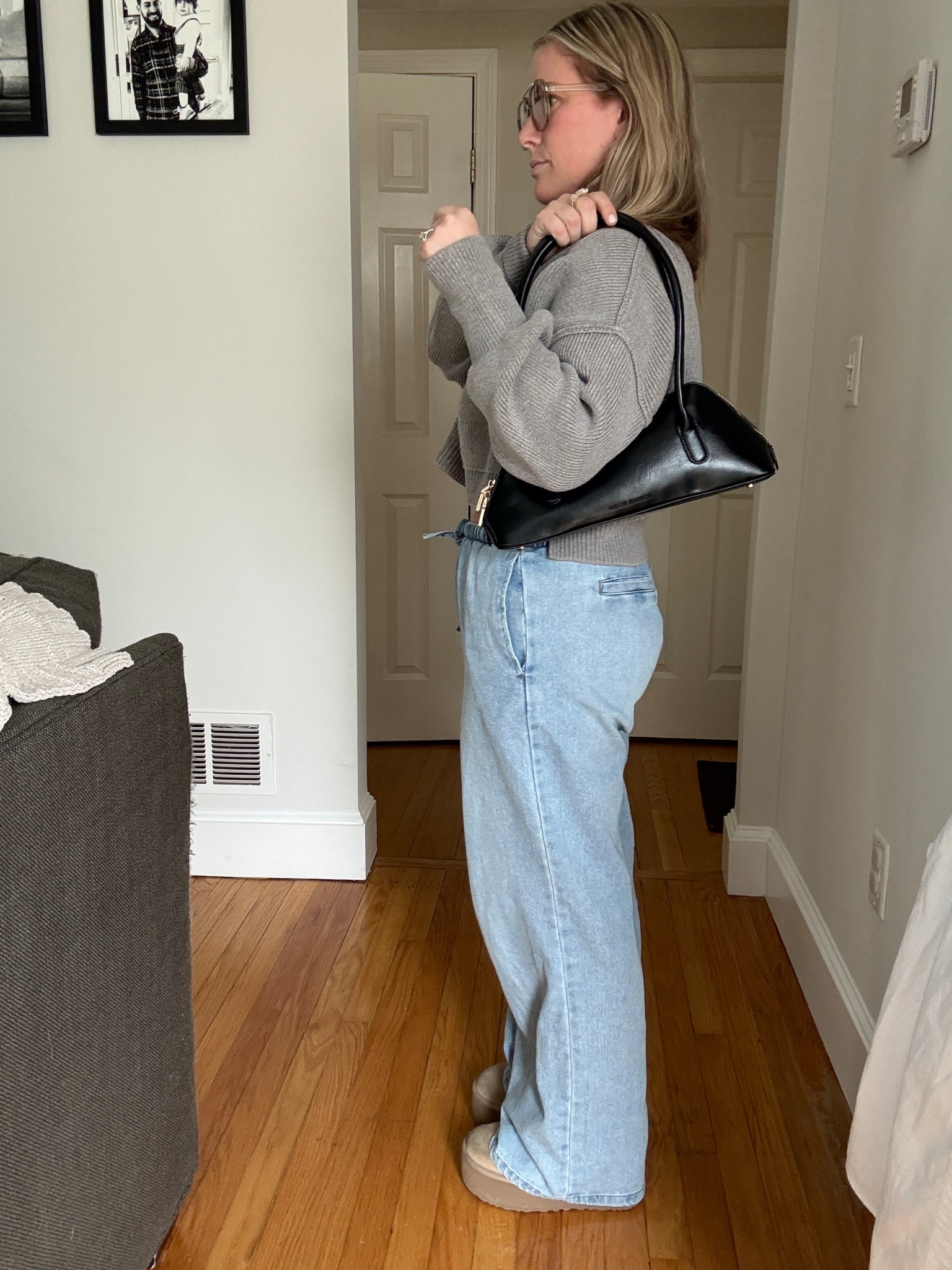 Melie Bianco Dakota bag 
Comes in white blue pink too! 
Tan retro aviator sunnies 
Drawstring denim 
Gray cropped easy steet sweater 