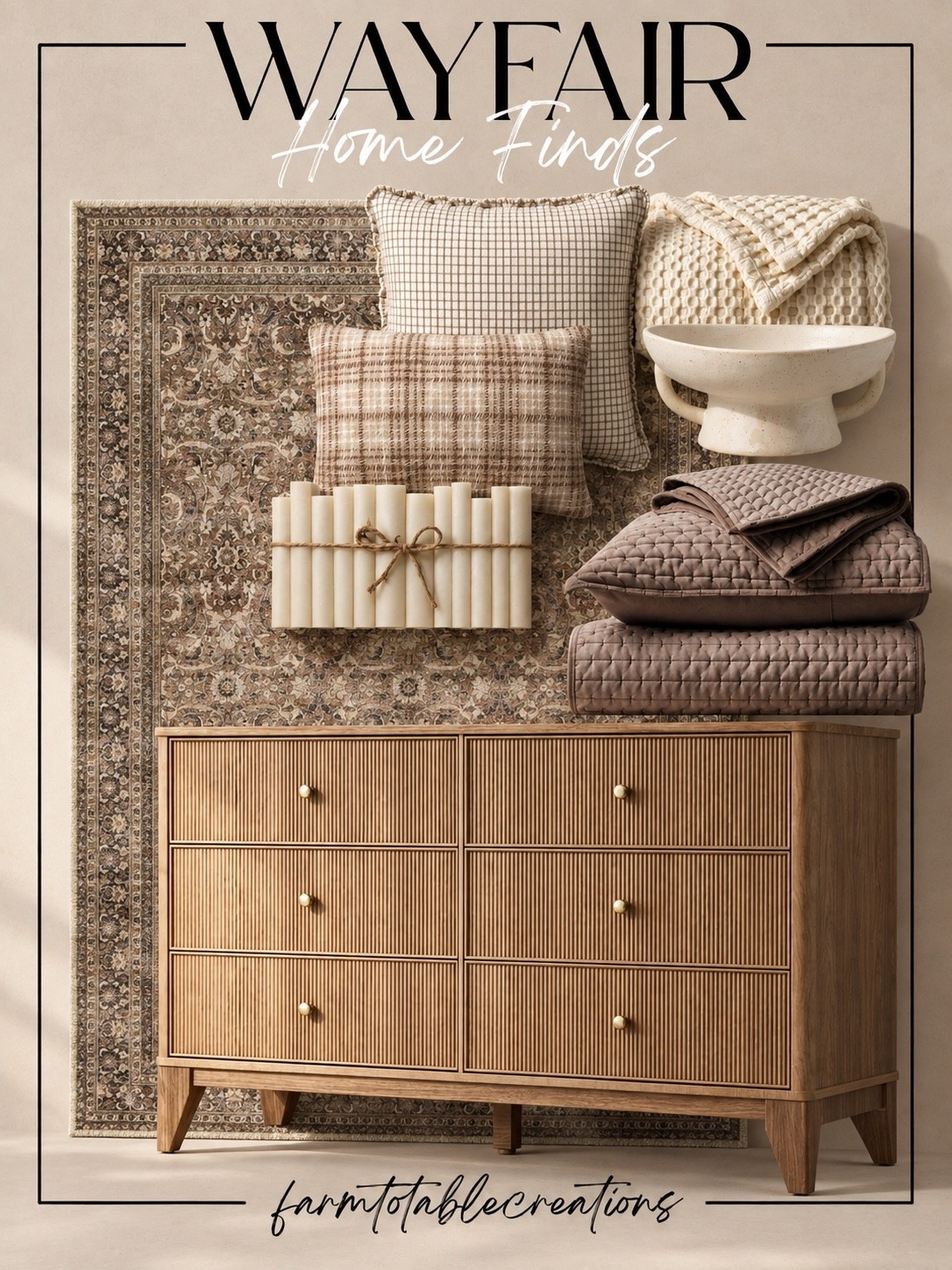 Wayfair Cozy Home Finds 🤎

Wayfair is bringing all the warm, collected neutrals with these cozy home finds! The vintage-inspired rug paired with warm wood tones, soft plaids and layered textures creates that effortless designer look that feels timeless and inviting.

Follow @farmtotablecreations on Instagram for more cozy home finds and trending decor.

I love how the fluted wood dresser anchors everything while the quilted bedding, creamy throw, neutral pillows and sculptural bowl add softness. These are perfect pieces for creating a cozy bedroom or living space heading into fall.

#LTKHome #Wayfair #WayfairFinds #WayfairHome #WayfairStyle #CozyHome #NeutralHome #NeutralDecor #FallHome #FallDecor #BedroomDecor #HomeDecor #CozyDecor #DesignerInspired #LTKFinds

#LTKHome #LTKSeasonal