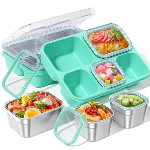 BiuLeon Snackle Box Containers, Stainless Steel 5 Compartments Divided Serving Tray with Lid, Removable LeakProof Portable Bento Box for Fruit Candy Nuts Food - School, Picnic and Travel（Green） | Amazon (US)