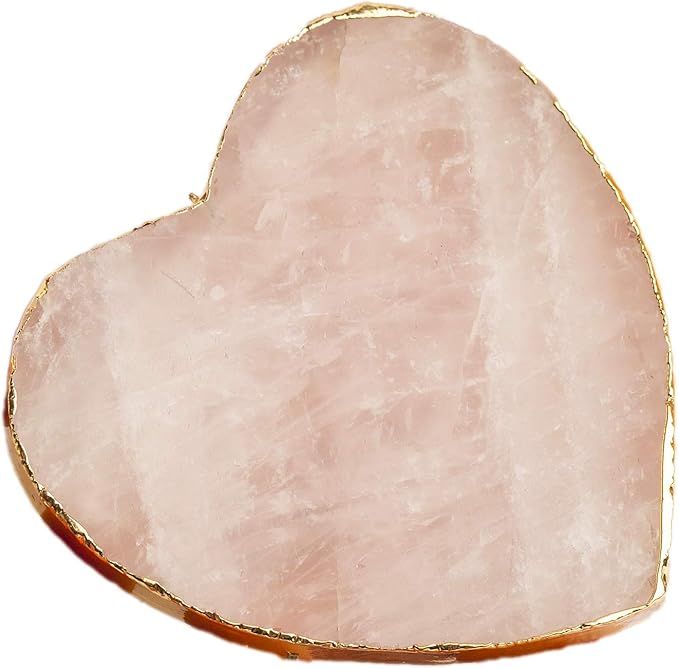 AMOYSTONE 1p Gold Plated Coasters Natural Crystal Stone Cup Mat Rose Quartz Heart 3-3.5 in, Decor... | Amazon (US)