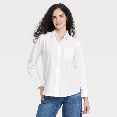 Women's Long Sleeve Collared Neck Button-Down Shirt - Universal Thread™ White M: Relaxed Fit, Front Placket, Patch Pocket | Target